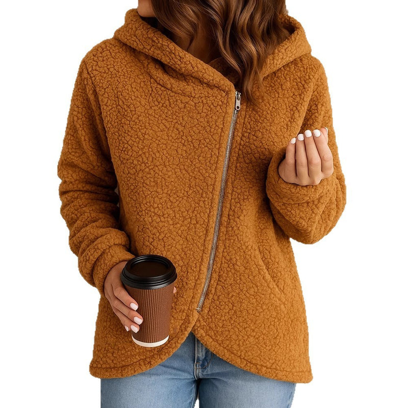 Casual Loose Lambswool Long Sleeve Zipper Hoodie Coat