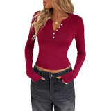 Women's Solid Color Buttons Long-sleeved T-shirt