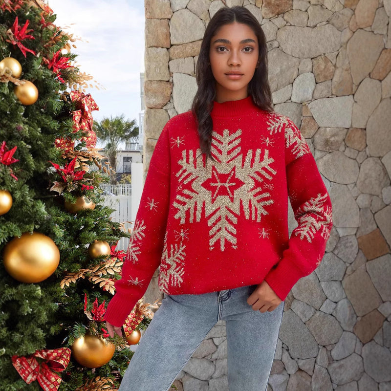 Women's Sweater Gold Thread Snowflake Half Turtleneck Jacquard Loose-fitting