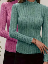2pcs Women'S Elegant High-Neck Long Sleeve T-Shirts, Polyester Knit Fabric, Solid Color, Regular Length, Long Sleeves, All-Season Fashion Top