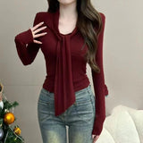 Pure Red V-neck Lace-up Bottoming Shirt