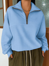 Casual Loose Fashion Solid Color Long Sleeve Zipper Pullover Lapel Sweater
