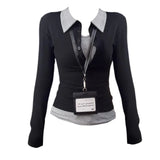Fake Two Pieces Slim-fit Contrast Colors Women's Long Sleeve