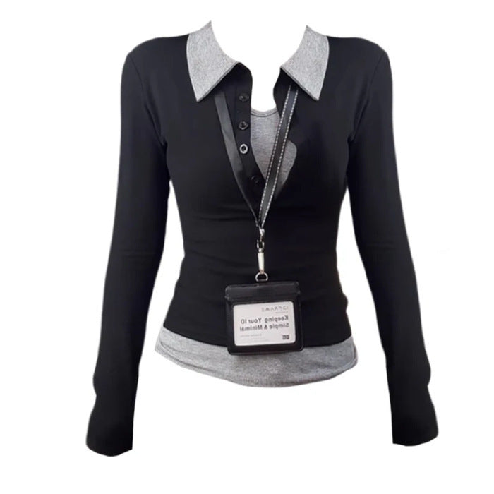 Fake Two Pieces Slim-fit Contrast Colors Women's Long Sleeve