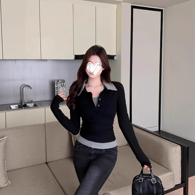 Fake Two Pieces Slim-fit Contrast Colors Women's Long Sleeve