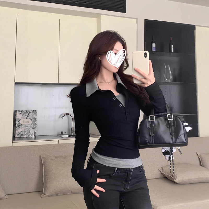 Fake Two Pieces Slim-fit Contrast Colors Women's Long Sleeve