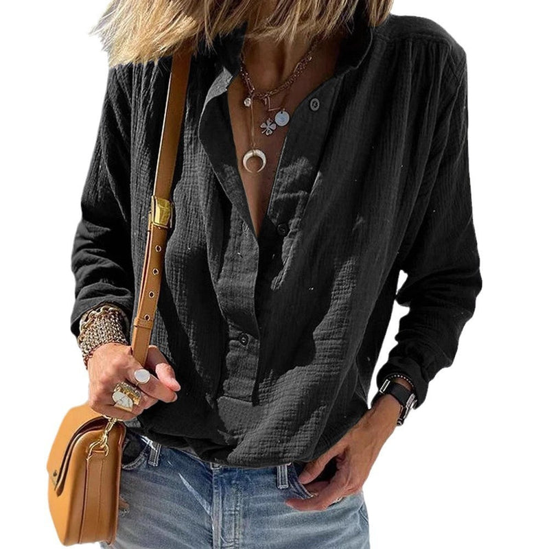 Casual Loose And Stylish Long Sleeves Cotton And Linen Solid Color Retro Button Pullover Shirt