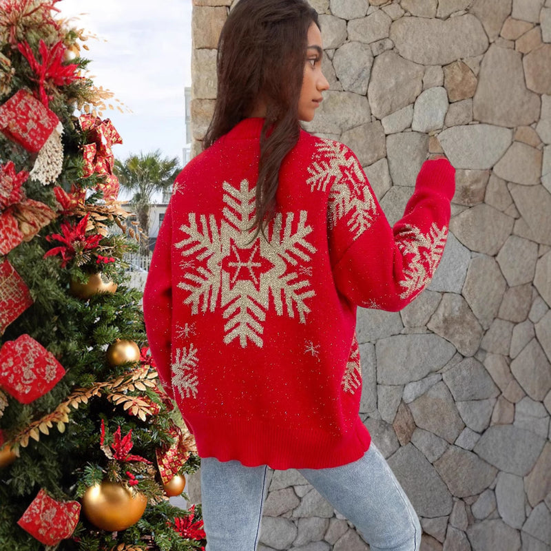 Women's Sweater Gold Thread Snowflake Half Turtleneck Jacquard Loose-fitting