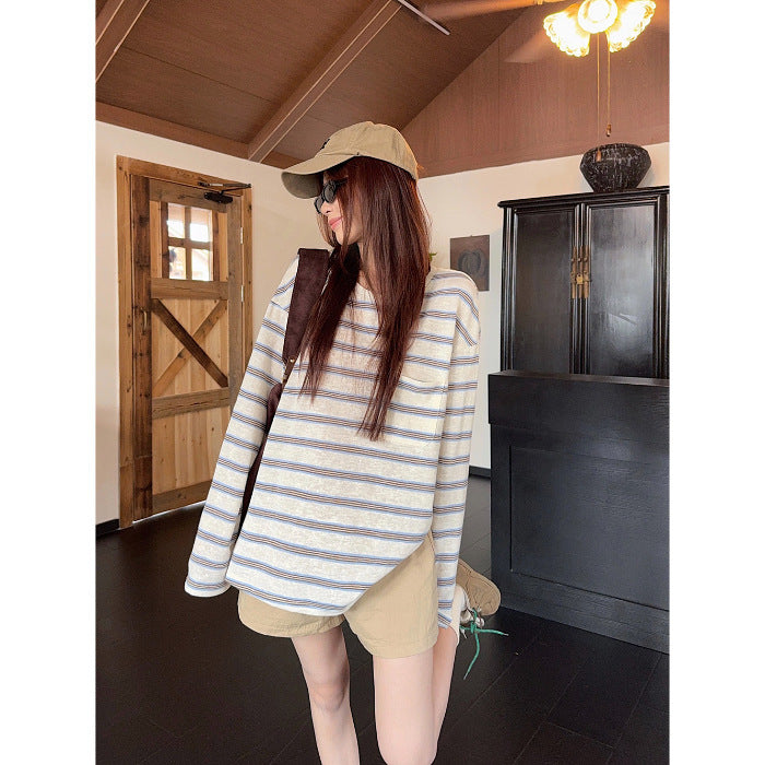 Round Neck Loose Striped Women's Long Sleeve