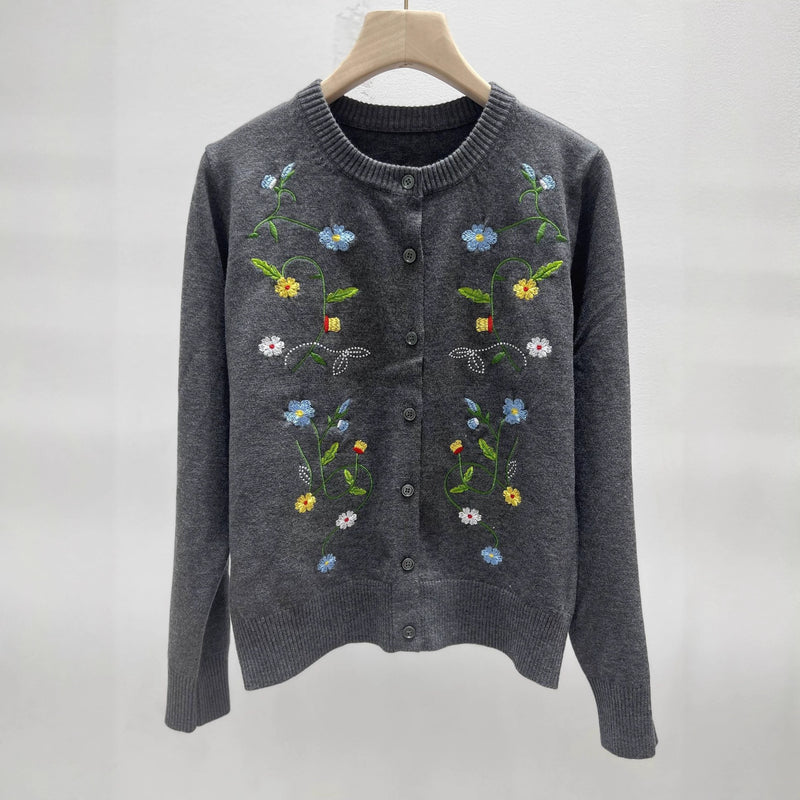 Round Neck Long Sleeve Top Embroidered Plant Female