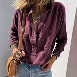 Casual Loose And Stylish Long Sleeves Cotton And Linen Solid Color Retro Button Pullover Shirt