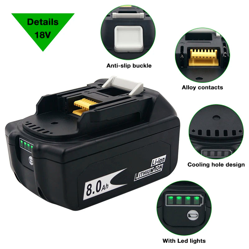 Latest BL1880B BL1860B 18V 8.0Ah 6.0A 3.5A Li Ion Rechargeable Battery for Makita 18V BL1830 BL1840 BL1850 BL1815 Cordless Drill