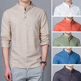 Men's Clothing  Men Spring Tops & Tees Male Fashion T-Shirts Stand Collar Long-sleeved Slim Base Shirt Homme Linen t-shirt