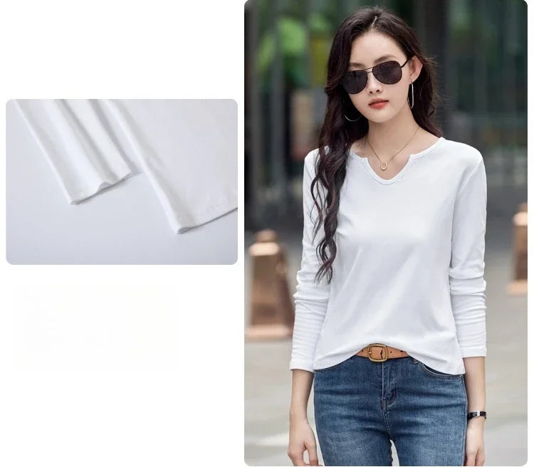 Female Clothing New Women's T-shirts Autumn Winter V-neck Knitted Solid Long Sleeve Casual Simple Versatile Tops
