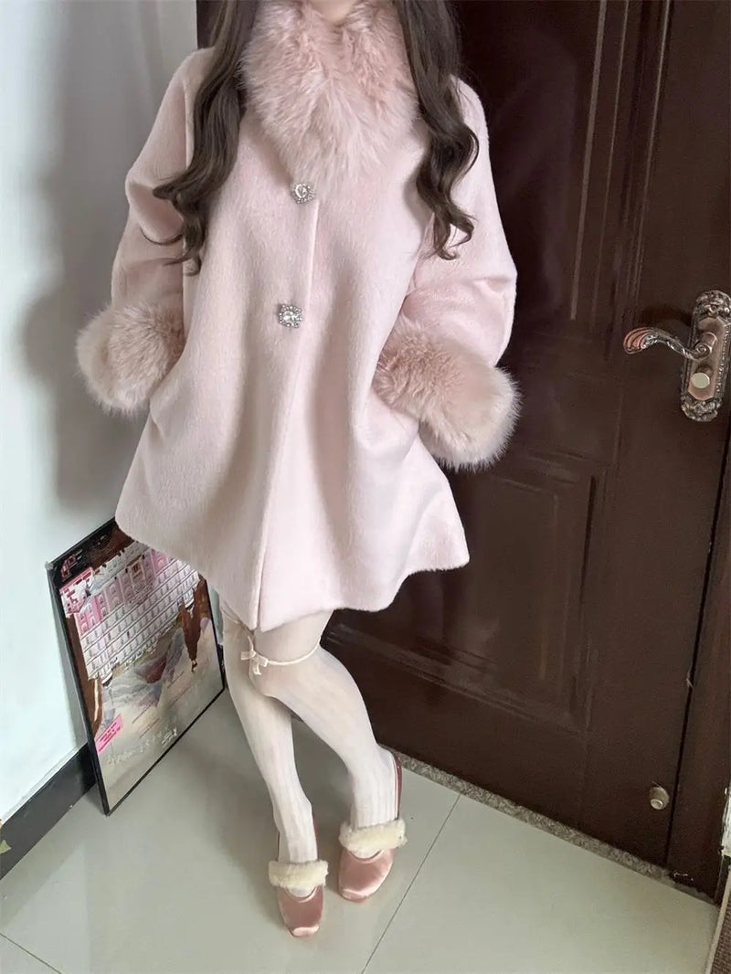 Women's Clothing Wealthy Family Rich Girl High-end Feel Warm Fur Collar Wool Coat Autumn Winter New Mid-length Coats Loose Tops