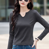 Female Clothing New Women's T-shirts Autumn Winter V-neck Knitted Solid Long Sleeve Casual Simple Versatile Tops