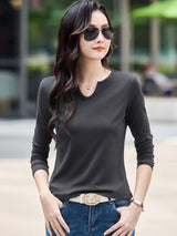 Female Clothing New Women's T-shirts Autumn Winter V-neck Knitted Solid Long Sleeve Casual Simple Versatile Tops