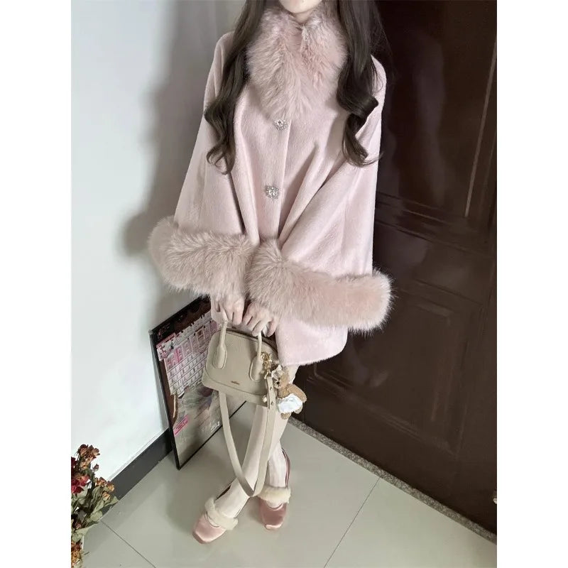 Women's Clothing Wealthy Family Rich Girl High-end Feel Warm Fur Collar Wool Coat Autumn Winter New Mid-length Coats Loose Tops