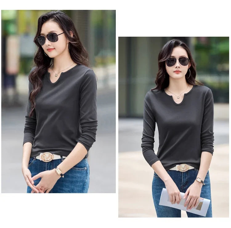 Female Clothing New Women's T-shirts Autumn Winter V-neck Knitted Solid Long Sleeve Casual Simple Versatile Tops