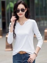 Female Clothing New Women's T-shirts Autumn Winter V-neck Knitted Solid Long Sleeve Casual Simple Versatile Tops