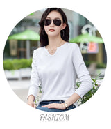Female Clothing New Women's T-shirts Autumn Winter V-neck Knitted Solid Long Sleeve Casual Simple Versatile Tops