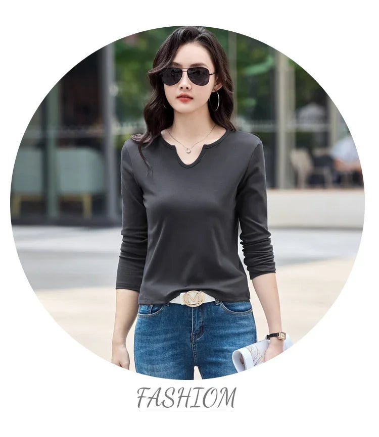 Female Clothing New Women's T-shirts Autumn Winter V-neck Knitted Solid Long Sleeve Casual Simple Versatile Tops