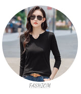 Female Clothing New Women's T-shirts Autumn Winter V-neck Knitted Solid Long Sleeve Casual Simple Versatile Tops