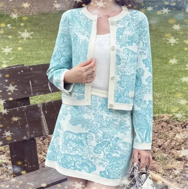 Women's Clothing Early Autumn New Style Temperament Jungle Jacquard Knitted Cardigan Top+French Elegant Half Skirt Two-Piec