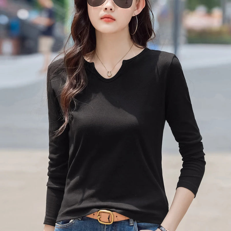 Female Clothing New Women's T-shirts Autumn Winter V-neck Knitted Solid Long Sleeve Casual Simple Versatile Tops
