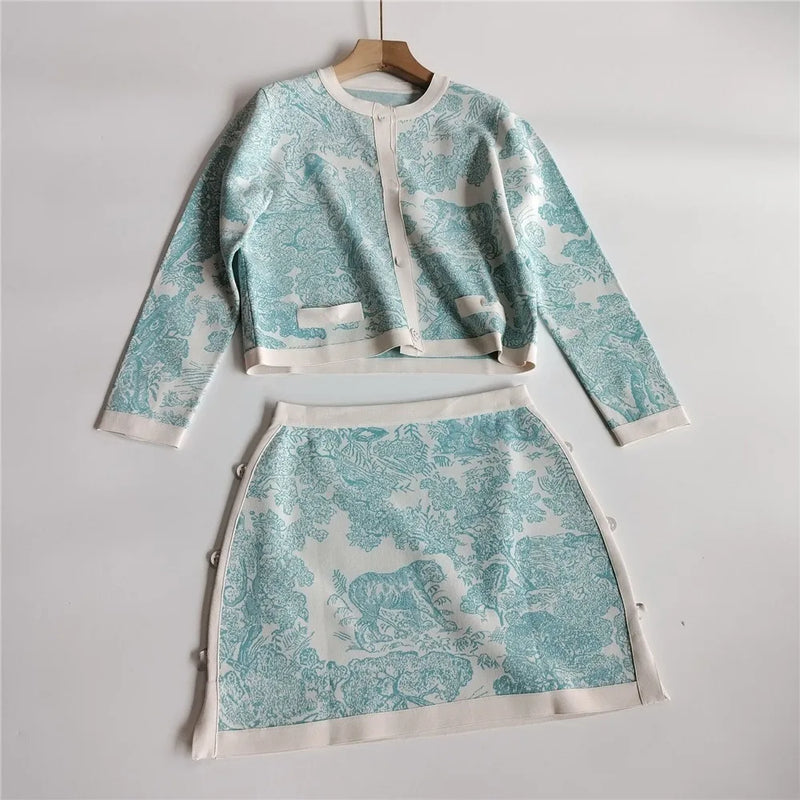 Women's Clothing Early Autumn New Style Temperament Jungle Jacquard Knitted Cardigan Top+French Elegant Half Skirt Two-Piec