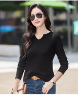 Female Clothing New Women's T-shirts Autumn Winter V-neck Knitted Solid Long Sleeve Casual Simple Versatile Tops