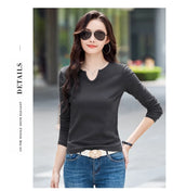 Female Clothing New Women's T-shirts Autumn Winter V-neck Knitted Solid Long Sleeve Casual Simple Versatile Tops