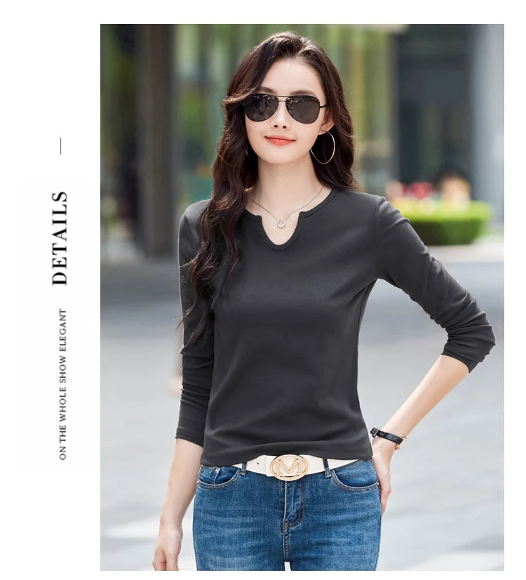 Female Clothing New Women's T-shirts Autumn Winter V-neck Knitted Solid Long Sleeve Casual Simple Versatile Tops