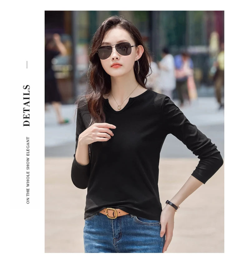 Female Clothing New Women's T-shirts Autumn Winter V-neck Knitted Solid Long Sleeve Casual Simple Versatile Tops