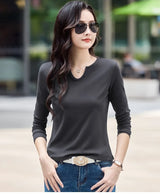 Female Clothing New Women's T-shirts Autumn Winter V-neck Knitted Solid Long Sleeve Casual Simple Versatile Tops