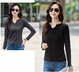 Female Clothing New Women's T-shirts Autumn Winter V-neck Knitted Solid Long Sleeve Casual Simple Versatile Tops