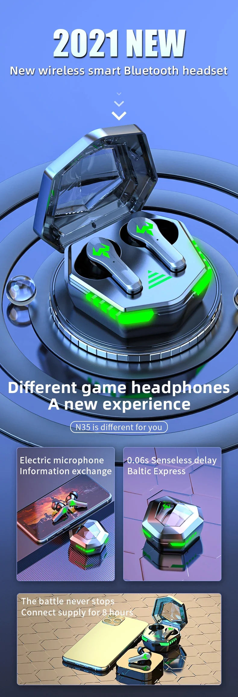 N35 TWS Gaming Earphones Touch Wireless Headphones Bluetooth 300mAh Battery Long Standby Earbuds HIFI Waterproof Headset