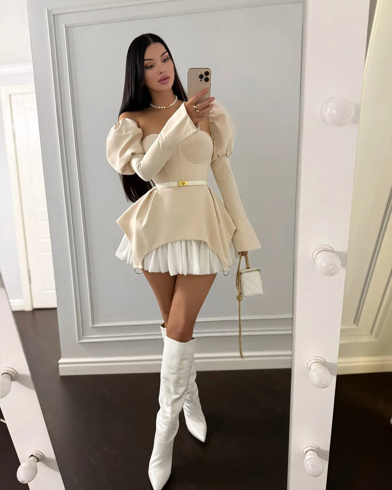 Women's clothing summer new design, chest wrapping, irregular puff sleeve dress, short skirt, club clothing, Vestidos