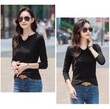 Female Clothing New Women's T-shirts Autumn Winter V-neck Knitted Solid Long Sleeve Casual Simple Versatile Tops