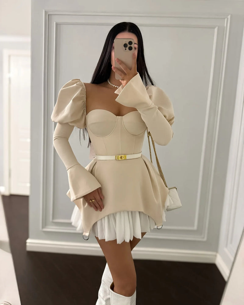 Women's clothing summer new design, chest wrapping, irregular puff sleeve dress, short skirt, club clothing, Vestidos