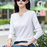 Female Clothing New Women's T-shirts Autumn Winter V-neck Knitted Solid Long Sleeve Casual Simple Versatile Tops