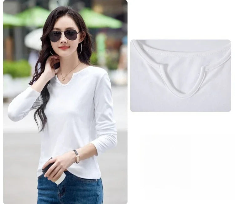 Female Clothing New Women's T-shirts Autumn Winter V-neck Knitted Solid Long Sleeve Casual Simple Versatile Tops