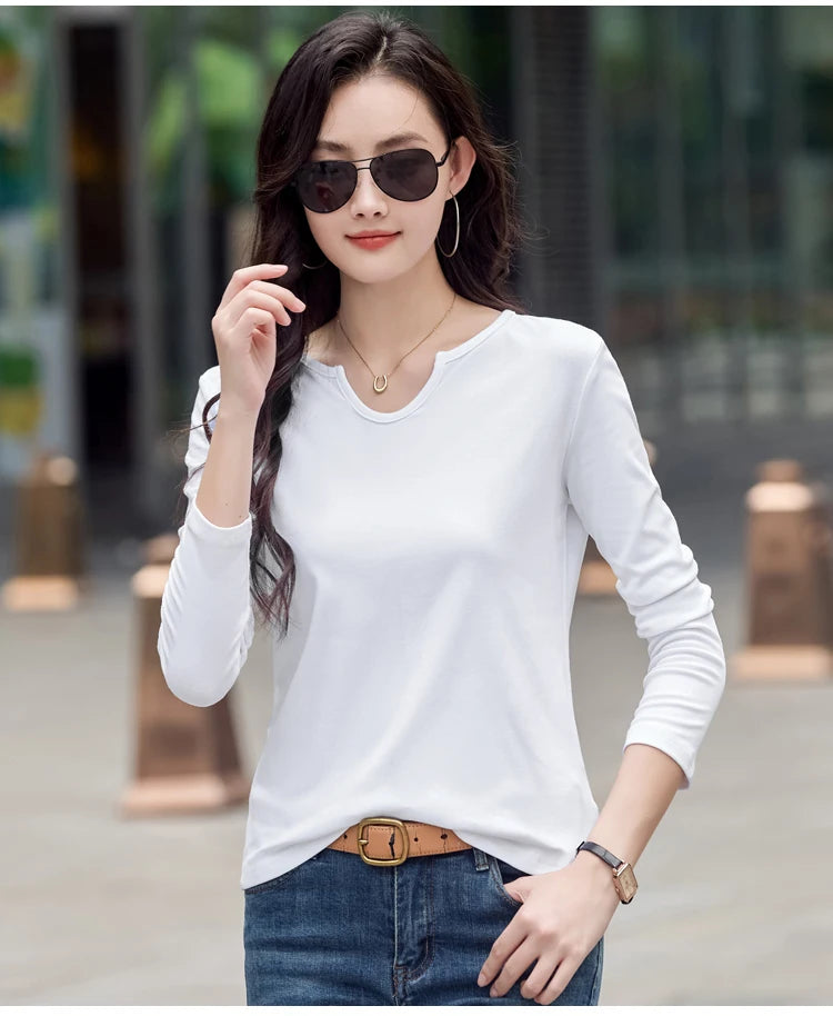 Female Clothing New Women's T-shirts Autumn Winter V-neck Knitted Solid Long Sleeve Casual Simple Versatile Tops
