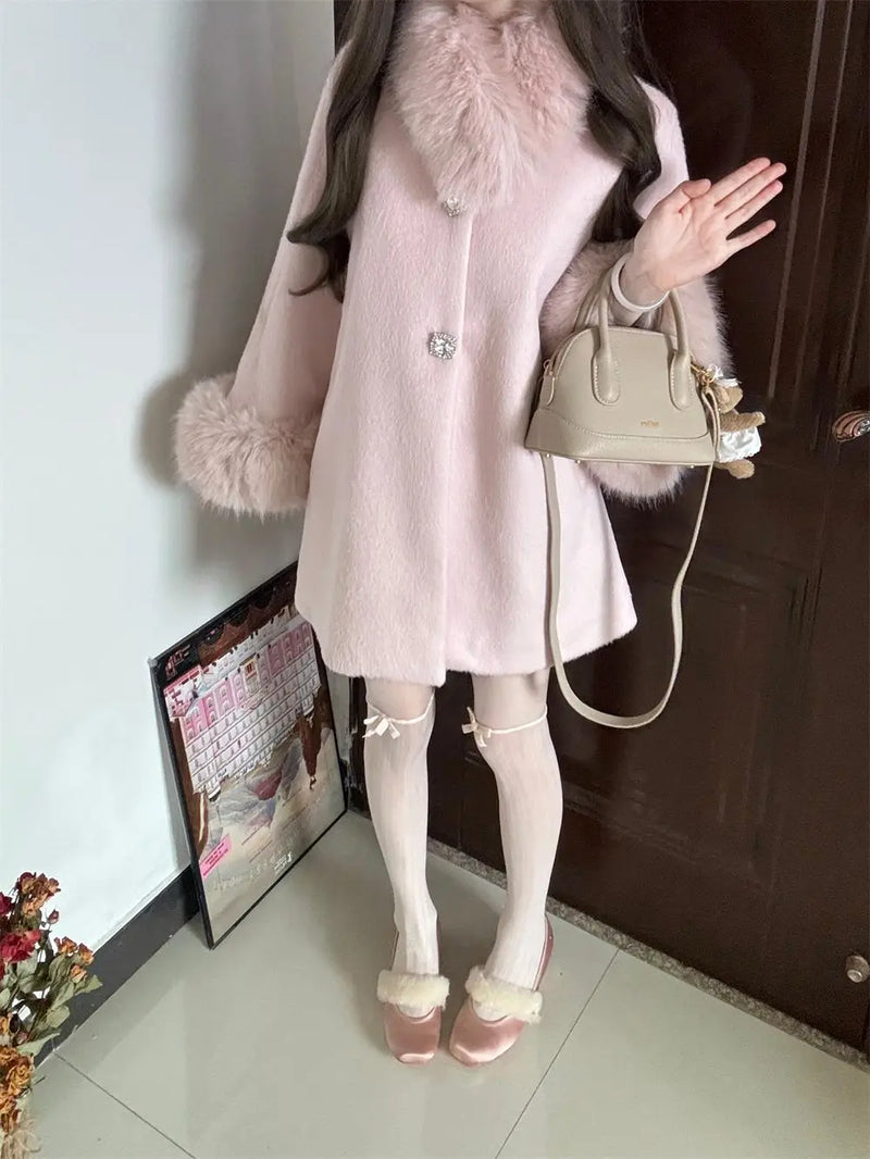 Women's Clothing Wealthy Family Rich Girl High-end Feel Warm Fur Collar Wool Coat Autumn Winter New Mid-length Coats Loose Tops