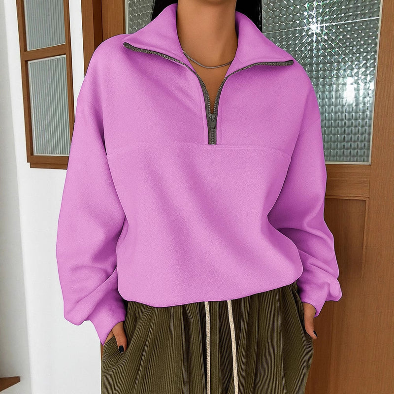 Casual Loose Fashion Solid Color Long Sleeve Zipper Pullover Lapel Sweater