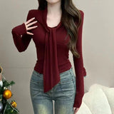 Pure Red V-neck Lace-up Bottoming Shirt