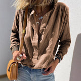 Casual Loose And Stylish Long Sleeves Cotton And Linen Solid Color Retro Button Pullover Shirt