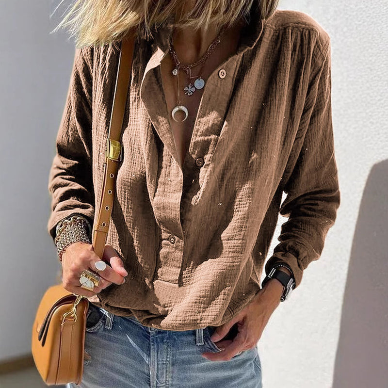 Casual Loose And Stylish Long Sleeves Cotton And Linen Solid Color Retro Button Pullover Shirt