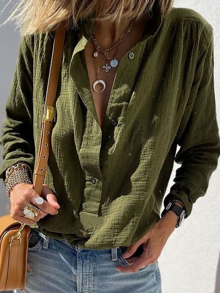 Casual Loose And Stylish Long Sleeves Cotton And Linen Solid Color Retro Button Pullover Shirt