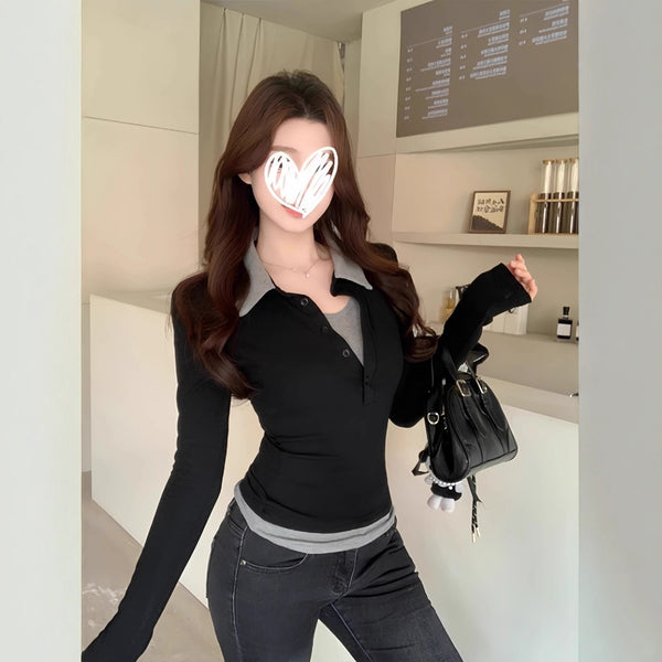 Fake Two Pieces Slim-fit Contrast Colors Women's Long Sleeve